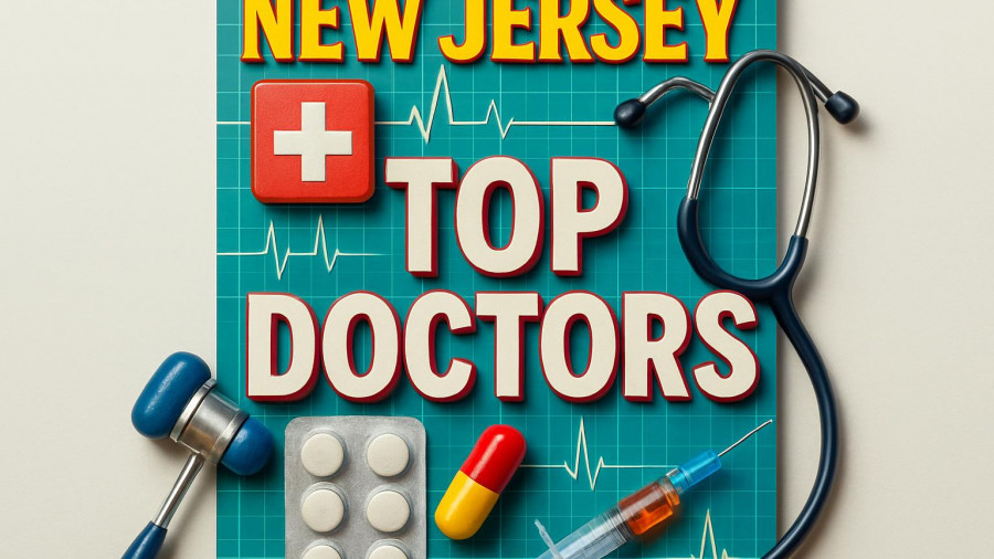 Vibrant magazine cover highlighting New Jersey Top Doctors with medical icons.