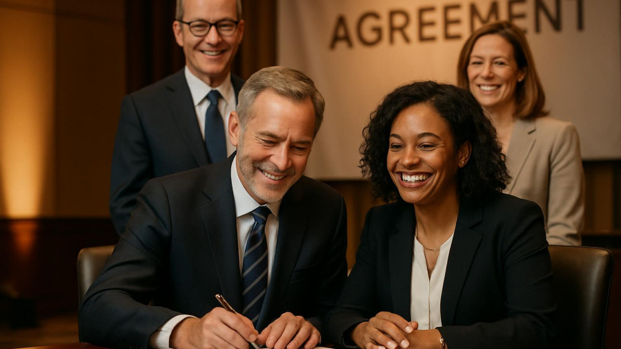 Professionals at MOU signing ceremony for global nursing workforce partnership.