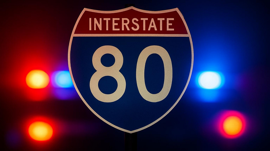 I-80 sign with vivid police lights in the background.