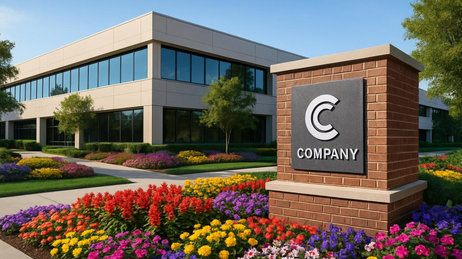 Exterior view of Merck corporate building, highlighting gardens and signage.