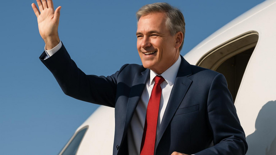 Mature man waving outside airplane with blue background, daytime.