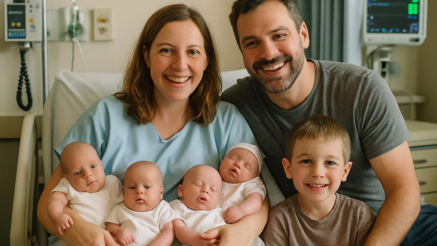 Family with quadruplets in Sussex County NJ hospital room.