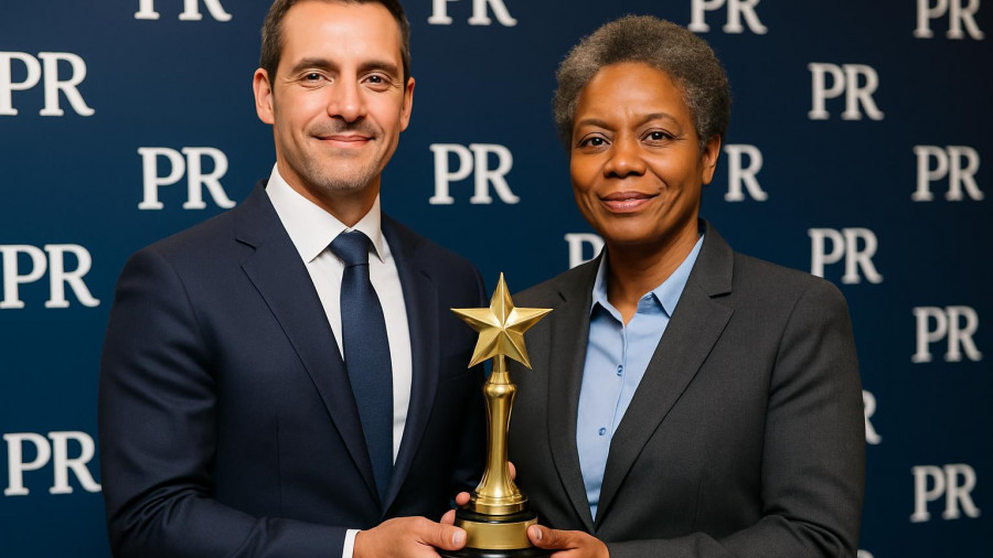 Executives at New Jersey PR campaigns event holding award.