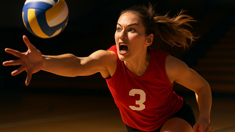 Intense action of Group 1 liberos in New Jersey playing volleyball indoors