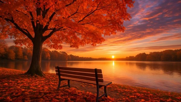 Serene autumn sunrise over lake with bench and vibrant foliage.