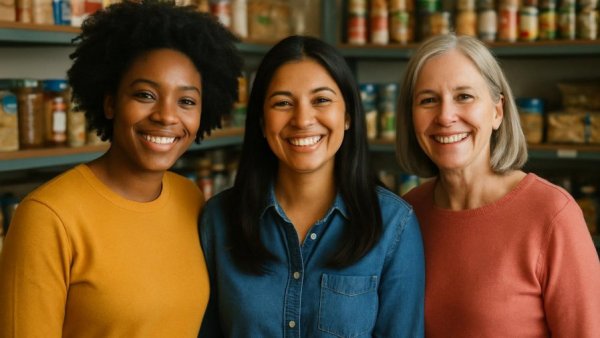 Smiling women at Middlesex College Food Pantry