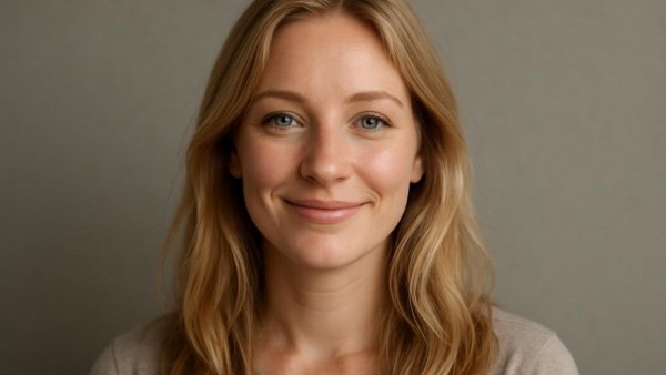 Blonde woman smiling gently in a soft-lit portrait