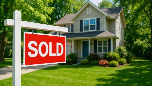 North Brunswick homes sold with 'Sold' sign amidst lush greenery.