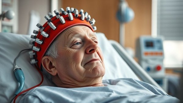 Elderly patient with EEG cap in hospital bed, connection between seizures and heart disease.