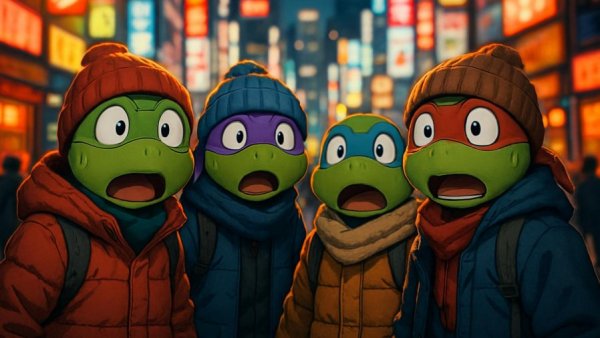 Teenage Mutant Ninja Turtles in winter clothing in New Jersey city scene.