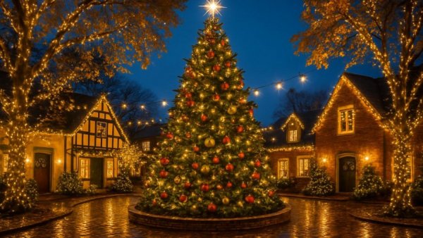 Festive New Jersey holiday lights display with decorated trees.