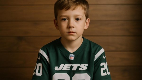 12-year-old Jets fan with neutral expression in viral moment.