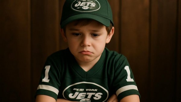Young Jets fan looking disappointed indoors.