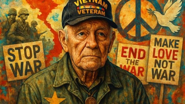 Visual collage of New Jersey Vietnam Veterans and symbolic protest elements.