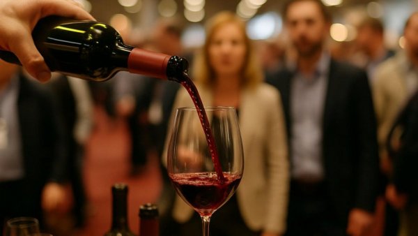 Wine being poured at NJ Wine Expo 2025, detailed and vibrant scene.