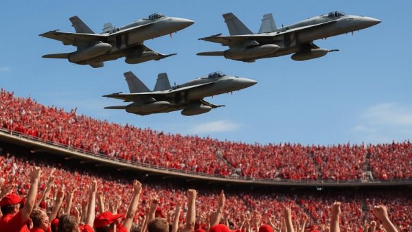 Military flyover during NFL Veterans Day celebration with cheering crowd.