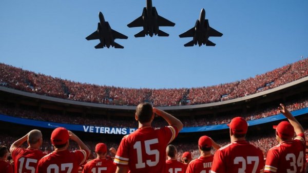 Military jets flyover during NFL Veterans Day celebrations.