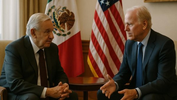 Senior officials discuss New Jersey worker rights partnership with flags in background.