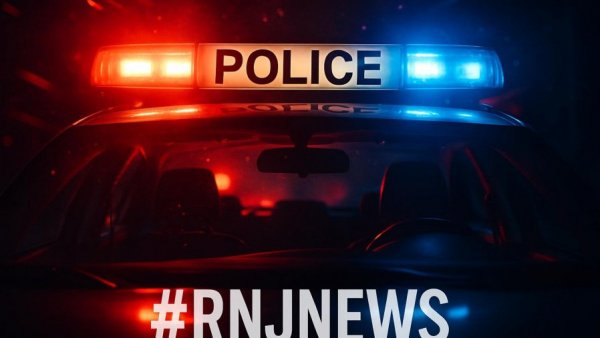 Police car with red and blue lights flashing, hashtag RNJNEWS visible.