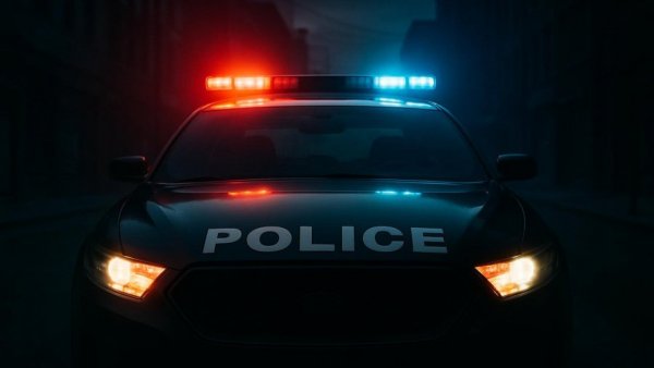 Police car with glowing lights, dramatic and serious atmosphere, NRNJNEWS overlay.