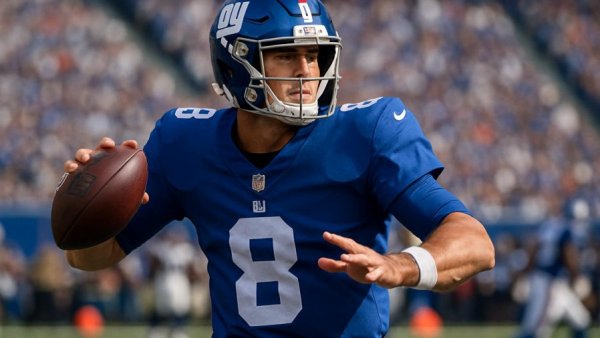 Football player in Giants uniform preparing to throw, photorealistic lifelike action.