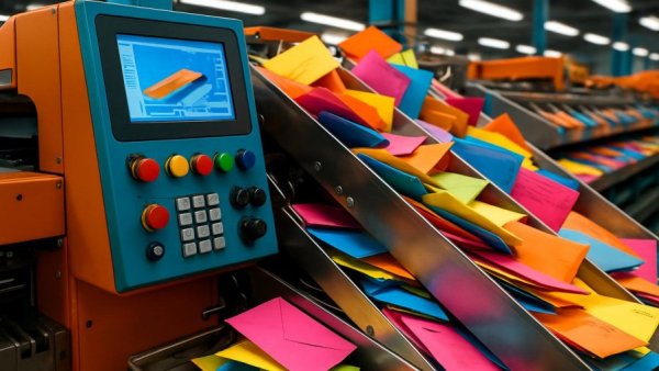 Post office mail sorting machine with envelopes on Veterans Day.