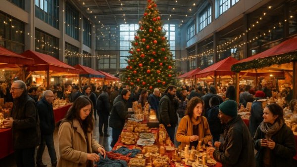 New Jersey holiday markets 2025 in a lively indoor setting with vendors.