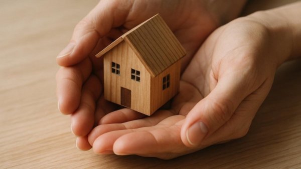 Hands holding a small wooden house symbolizing aspiring homeowners.