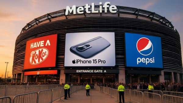 MetLife Stadium exterior at sunset showcasing advertisements, Giants Fire Coach Brian Daboll.