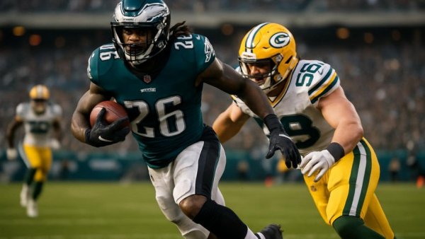 Eagles vs Packers game action, Eagle player breaking tackle, NFL predictions