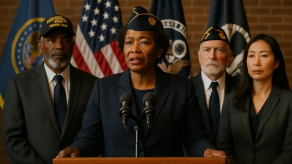 Group at podium discussing renaming Sussex County VA clinic with flags.