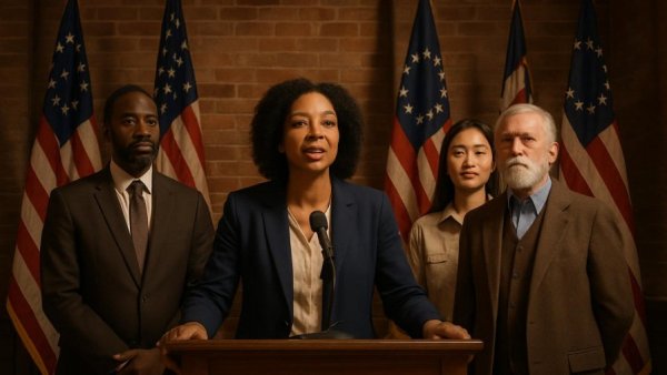 Group at podium with flags, Sussex County VA clinic renaming event.