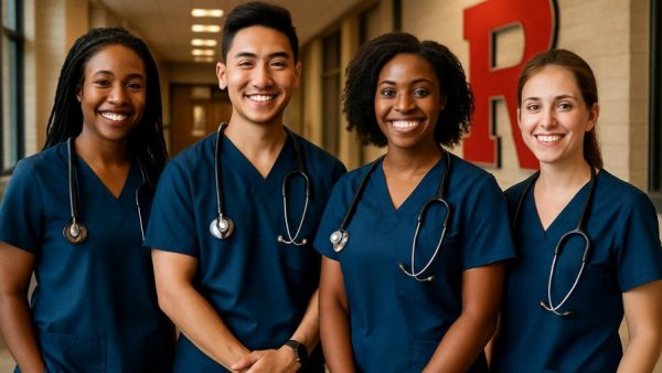 Diverse Rutgers nursing students celebrate national award in academic hallway.