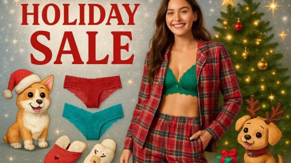Victoria's Secret 40% off huge holiday sale graphic with pajamas and slippers.