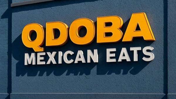QDOBA Mexican Eats sign on blue wall in Hamilton Township.