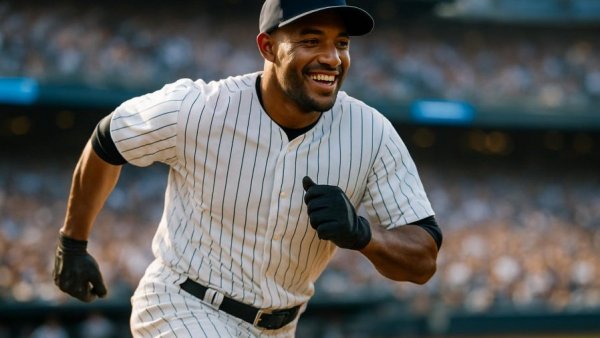 Baseball player in action, smiling during game, Aaron Judge MVP award.