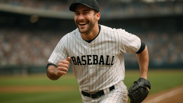 Baseball player smiling while running on field, celebrating.