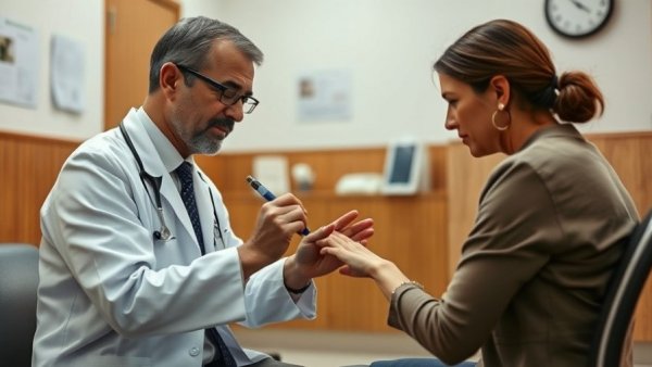Doctor examining patient's hand in clinic setting, advocating healthcare unity.