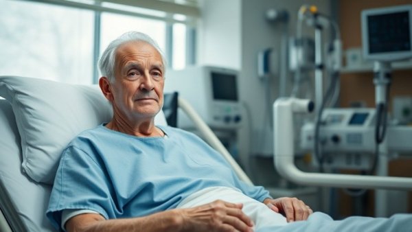 Older cancer survivor in hospital bed with medical equipment.