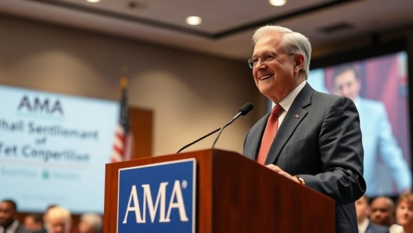 Healthcare speaker highlighting policy changes at AMA conference.