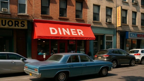 Urban street with cars and diner, Union County scene.