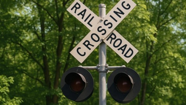 Railroad crossing sign promoting rail safety awareness during holiday travel.