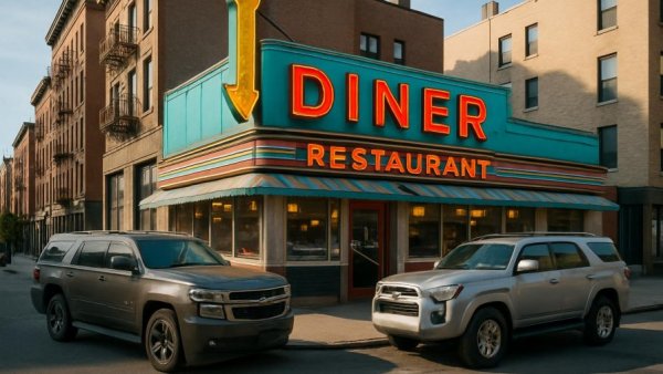 Urban diner street view with cars, related to homes under $1 million in Union County.