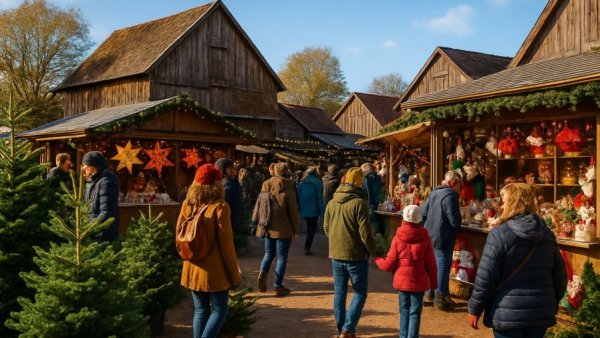 Festive Christmas market at Carriage Farm under clear blue sky.
