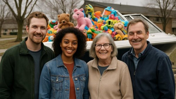 Stuff the Boat toy collection event with volunteers in front of a toy-filled boat.
