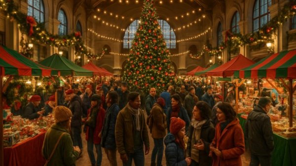 Festive scene at Holiday Bazaar 2025 in New Jersey with market stalls.