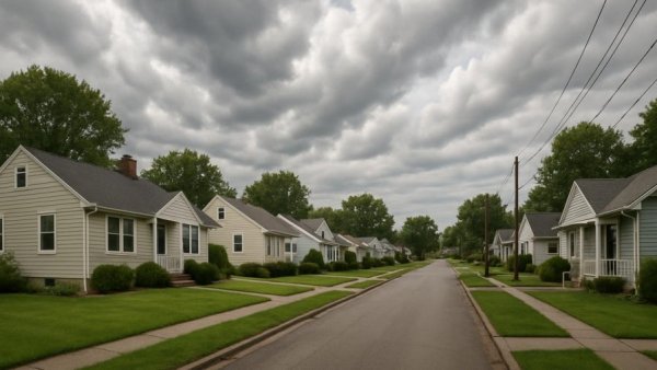 Modest suburban homes in Washington Township, cloudy day.