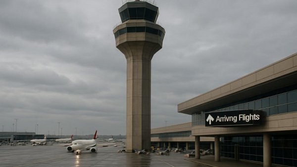 Airport control tower with arriving flights sign, Air Traffic Controller Loan Redemption Program context