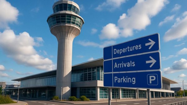 Modern airport with control tower and signs for Air Traffic Controller Loan Redemption Program.