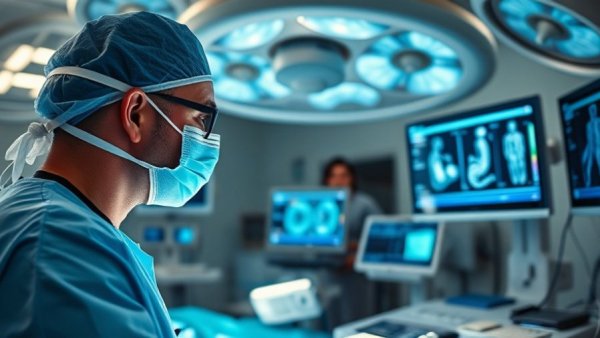 Doctors performing asymptomatic carotid stenosis treatment, monitoring screens.